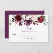 赤い紫色の白い緑の花の紫色の背部RSVP 出欠カード (正面/裏面)