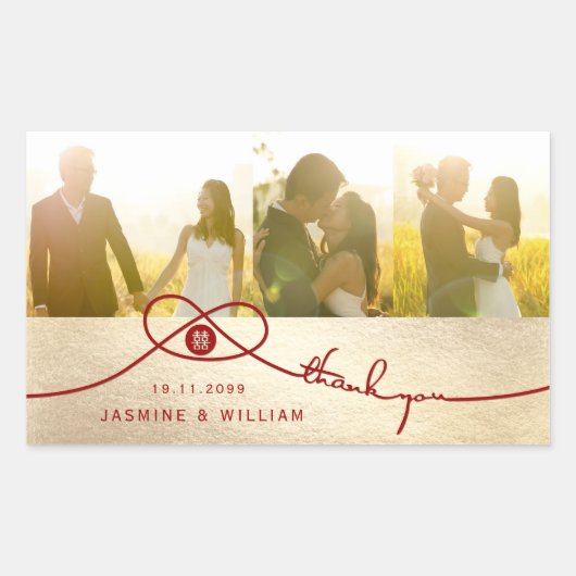 赤い結び目の二重の幸福中国のの結婚写真 長方形シール (正面)