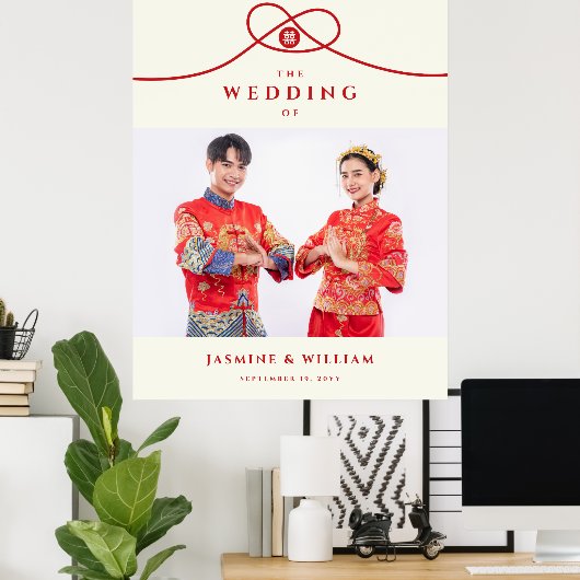 赤い結び目の二重中国の幸福結婚のサイン ポスター (ホームオフィス)