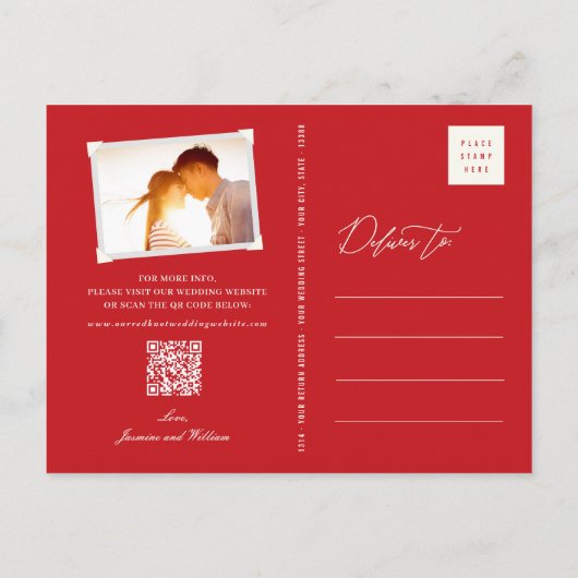 赤い結び目ダブル西中国の結婚式の日付を保存 案内ポストカード (裏面)