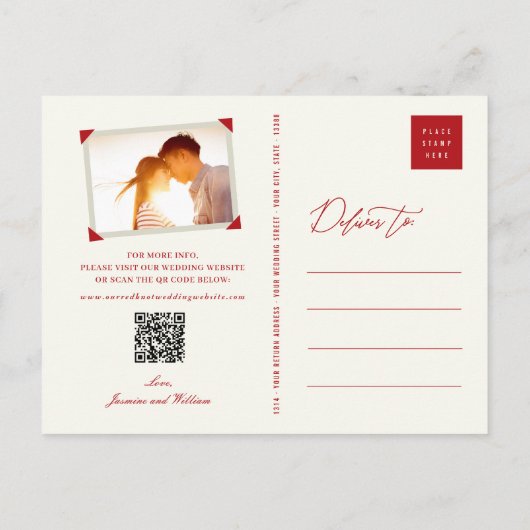 赤い結び目ダブル西中国の結婚式の日付を保存 案内ポストカード (裏面)