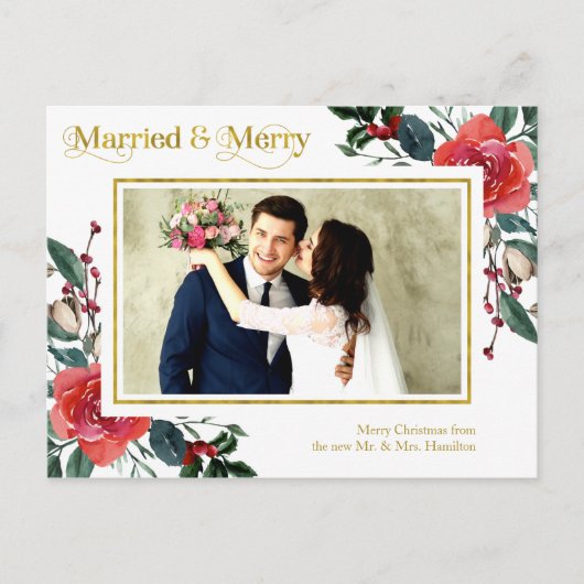 赤い結婚したフローラメリーのクリスマスフォト ポストカード (正面)
