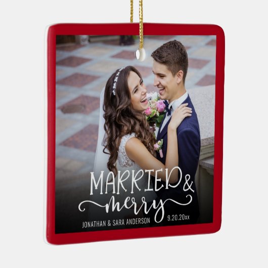 赤い結婚した新メリー婚の写真の休日 セラミックオーナメント (右)
