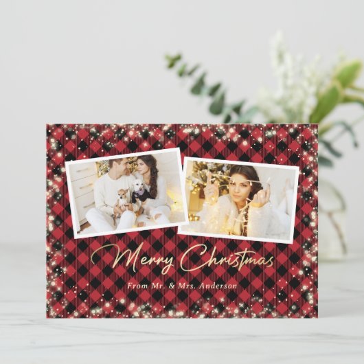 赤い結婚した格子模様のカップル写真メリークリスマス シーズンカード (スタンド正面)