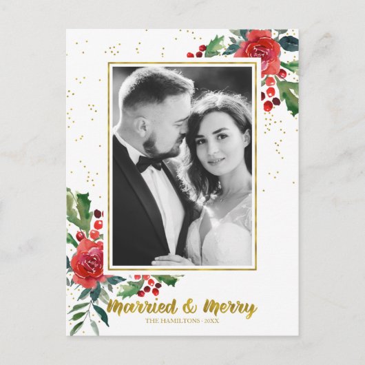 赤い結婚した花メリーのクリスマスフォト ポストカード (正面)