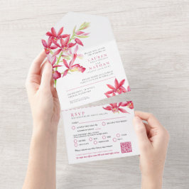 赤い結婚宝石オーキッド水の色の食事RSVP QR オールインワン招待状