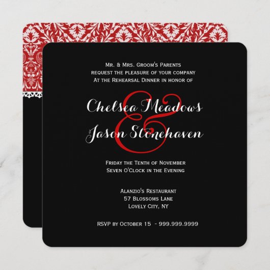 赤い結婚式のダマスク織のレースのリハーサルの夕食7 招待状 (正面/裏面)