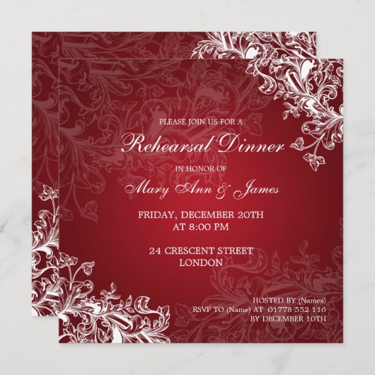 赤い結婚式のリハーサルの夕食のヴィンテージの渦巻 招待状 (正面/裏面)