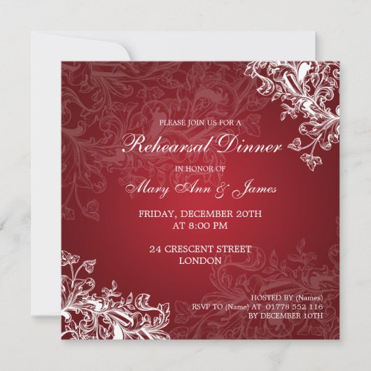 赤い結婚式のリハーサルの夕食のヴィンテージの渦巻 招待状 (正面)