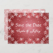 赤い結婚式の雪片はがき日付を保存 案内ポストカード (正面/裏面)