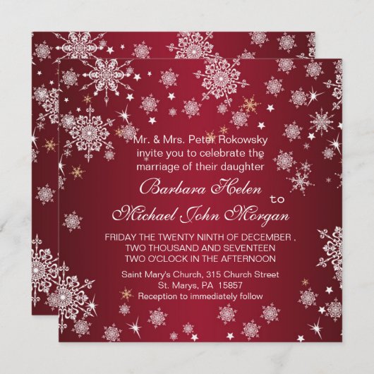 赤い結婚式招待状の白い雪片 招待状 (正面/裏面)