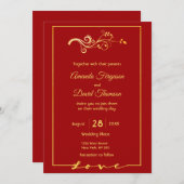 赤い結婚式招待状カードとフェイク金ゴールド 招待状 (正面/裏面)