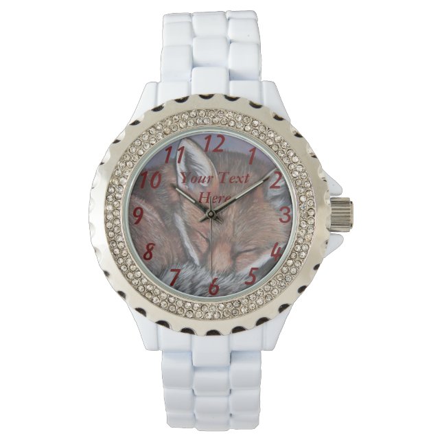 赤い絵を描キツネの眠っている野生動物 腕時計 (正面)