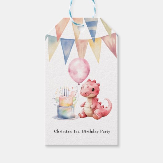 赤い絵を描恐竜One A Saurusバースデーパーティー ギフトタグ (正面)