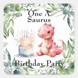 赤い絵を描恐竜One A Saurusバースデーパーティー スクエアシール
