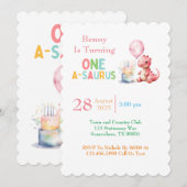 赤い絵を描恐竜One A Saurus誕生日 招待状 (正面/裏面)