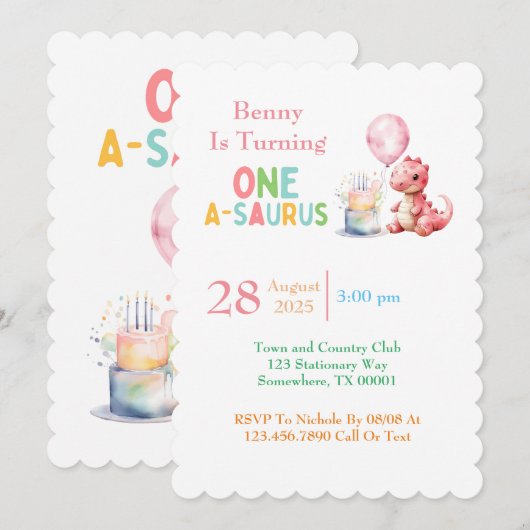 赤い絵を描恐竜One A Saurus誕生日 招待状 (正面/裏面)