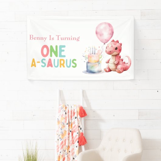 赤い絵を描恐竜One A Saurus誕生日 横断幕 (インサイチュ)