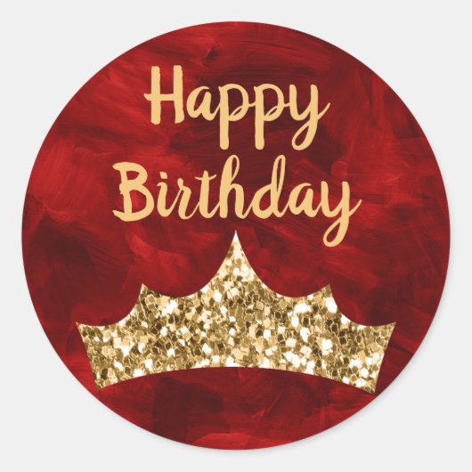 赤い絵筆と金の王冠の誕生日 ラウンドシール (正面)