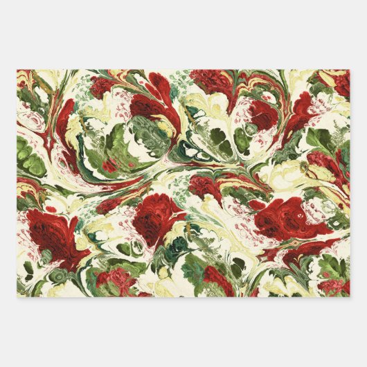 赤い緑とクリームのアート渦巻き ラッピングペーパーシート (正面)