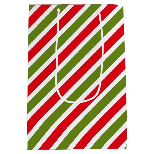 赤い緑と白のストライプの模様 ミディアムペーパーバッグ (裏面)