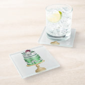 赤い緑と白のホリデークリスマスケーキ ガラスコースター (アングル)