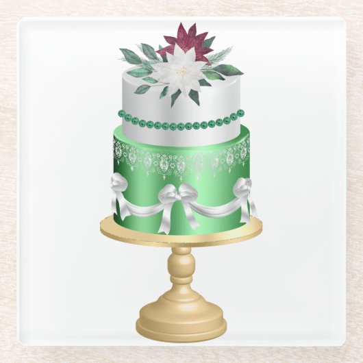 赤い緑と白のホリデークリスマスケーキ ガラスコースター (正面)