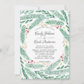 赤い緑と金ゴールドの葉パインスのクリスマス結婚の 招待状 (正面)