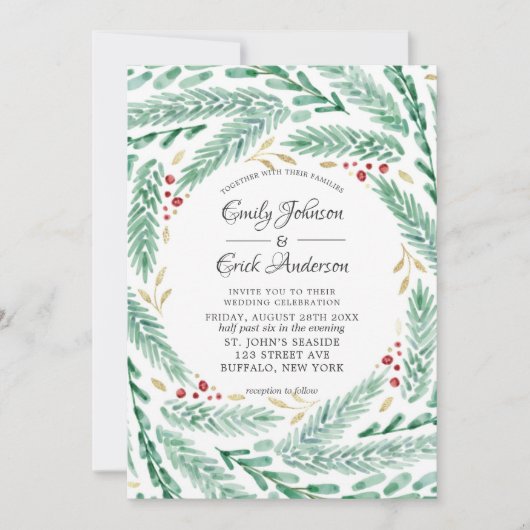 赤い緑と金ゴールドの葉パインスのクリスマス結婚の 招待状 (正面)