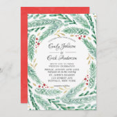 赤い緑と金ゴールドの葉パインスのクリスマス結婚の 招待状 (正面/裏面)