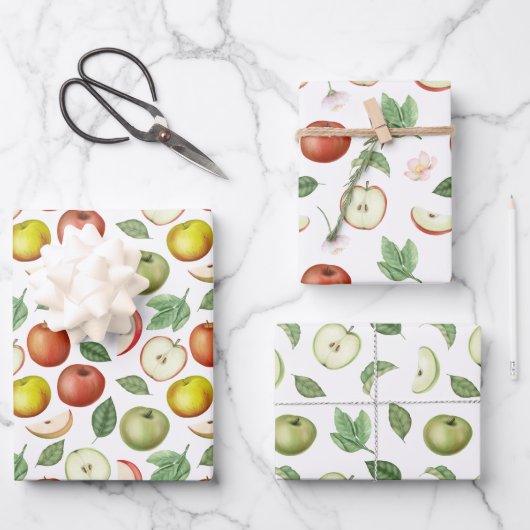 赤い緑と黄色のリンゴ ラッピングペーパーシート (正面)