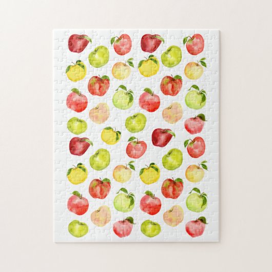 赤い緑のりんごイラストレーション水彩秋 ジグソーパズル (縦)