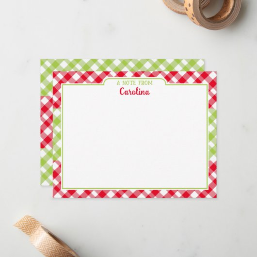 赤い緑のギンガムの名門私立校風のクリスマス文房具 ノートカード (正面/裏面インサイチュ)