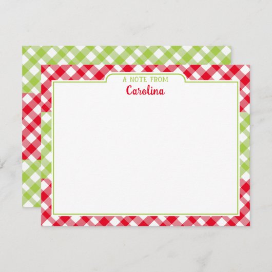 赤い緑のギンガムの名門私立校風のクリスマス文房具 ノートカード (正面/裏面)