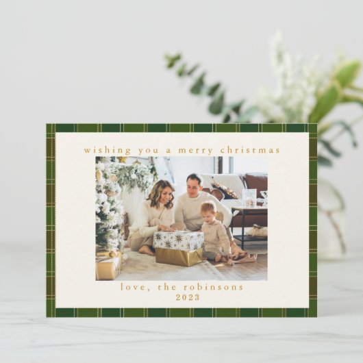 赤い緑のギンガムプレイドのカスタム写真クリスマス シーズンカード (スタンド正面)