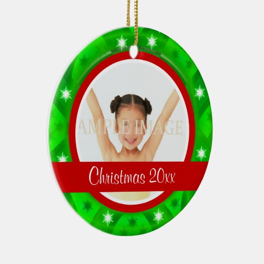 赤い緑のクリスマスの写真は個人化なります セラミックオーナメント (右)