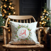 赤い緑のクリスマスエレガントモノグラム文字 クッション