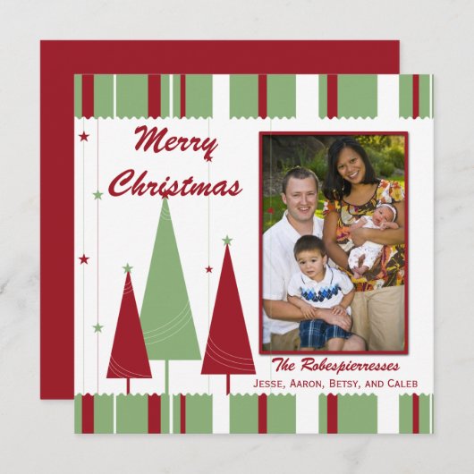 赤い緑のクリスマスツリーの写真の休日の挨拶 シーズンカード (正面/裏面)