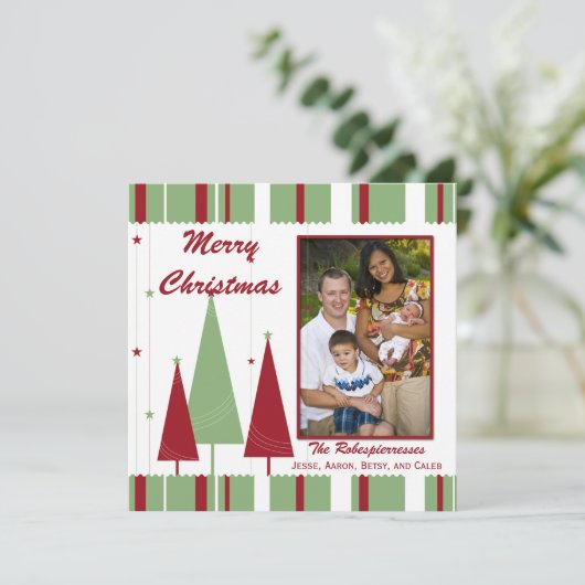 赤い緑のクリスマスツリーの写真の休日の挨拶 シーズンカード (スタンド正面)