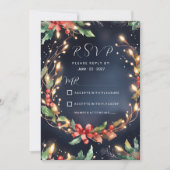 赤い緑のクリスマスフラワーとRSVP 招待状 (正面)