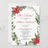 赤い緑のクリスマスフローラツインベイビーシャワー 招待状 (正面)