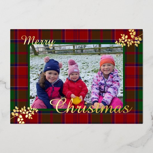 赤い緑のクリスマスプレイド葉金ゴールド家族の写真 箔シーズンカード (正面)