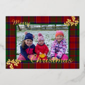 赤い緑のクリスマスプレイド葉金ゴールド家族の写真 箔シーズンカード (正面)