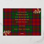 赤い緑のクリスマスプレイド葉金ゴールド家族の写真 箔シーズンカード (裏面)