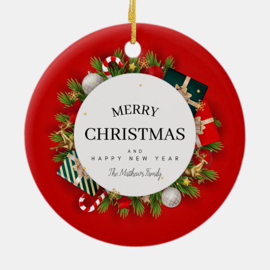 赤い緑のクリスマスプレゼント セラミックオーナメント (裏面)