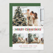 赤い緑のクリスマスライト3フォトコラージュ シーズンカード (正面/裏面)