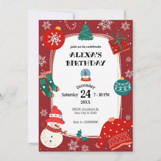 赤い緑のクリスマスワンダーランド誕生日パーティー 招待状 (正面)
