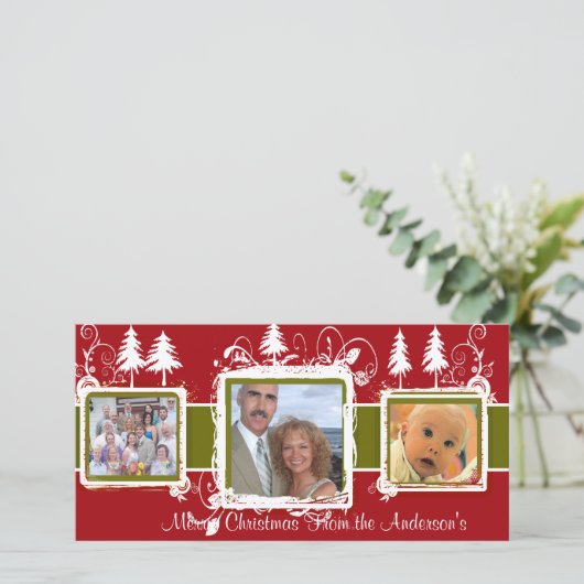 赤い緑のグランジ松の渦巻きホリデーファミリーフォト シーズンカード (スタンド正面)