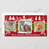 赤い緑のグランジ松の渦巻きホリデーファミリーフォト シーズンカード (正面/裏面)