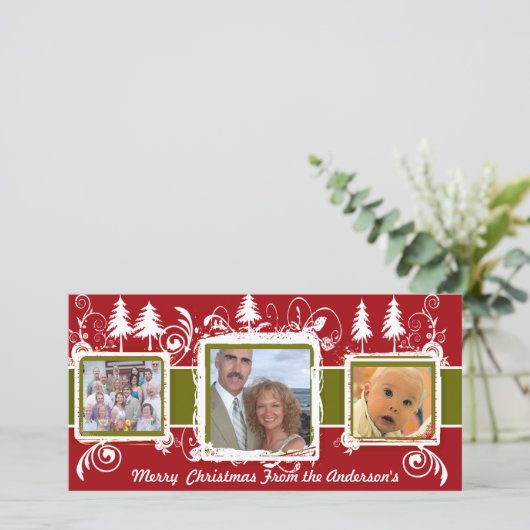 赤い緑のグランジ松の渦巻きホリデーファミリーフォト シーズンカード (スタンド正面)